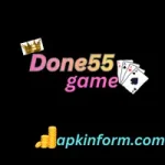 Done55 Game logo with crown icon, playing cards, gold coins, and apkinform.com text on black background.